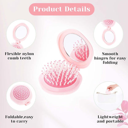 Hairbrush - Mini Hairbrush - Foldable hairbrush - with mirror - Comb - Hairdresser's Comb - styling tool - Curling Comb - Round - pink - pp - 7.6*7*2.7 cm - for bag/pocket - Image 3