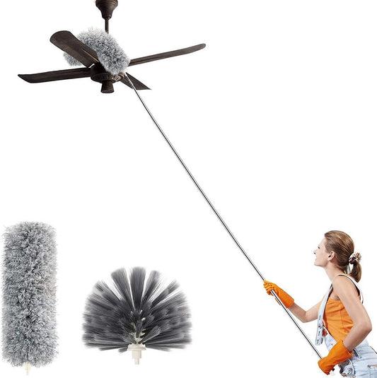 Telescopic Feather Duster Set - Feather Duster - Longest 250cm - Microfiber - Adjustable Telescopic Handle - 2 Bendable Brush Heads - Washable and Rotatable - Effective Dust Removal - Flexible & Practical - Handy for Home Cleaning