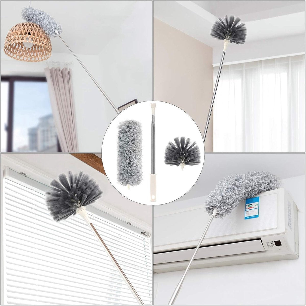 Telescopic Feather Duster Set - Feather Duster - Longest 250cm - Microfiber - Adjustable Telescopic Handle - 2 Bendable Brush Heads - Washable and Rotatable - Effective Dust Removal - Flexible & Practical - Handy for Home Cleaning - Image 5