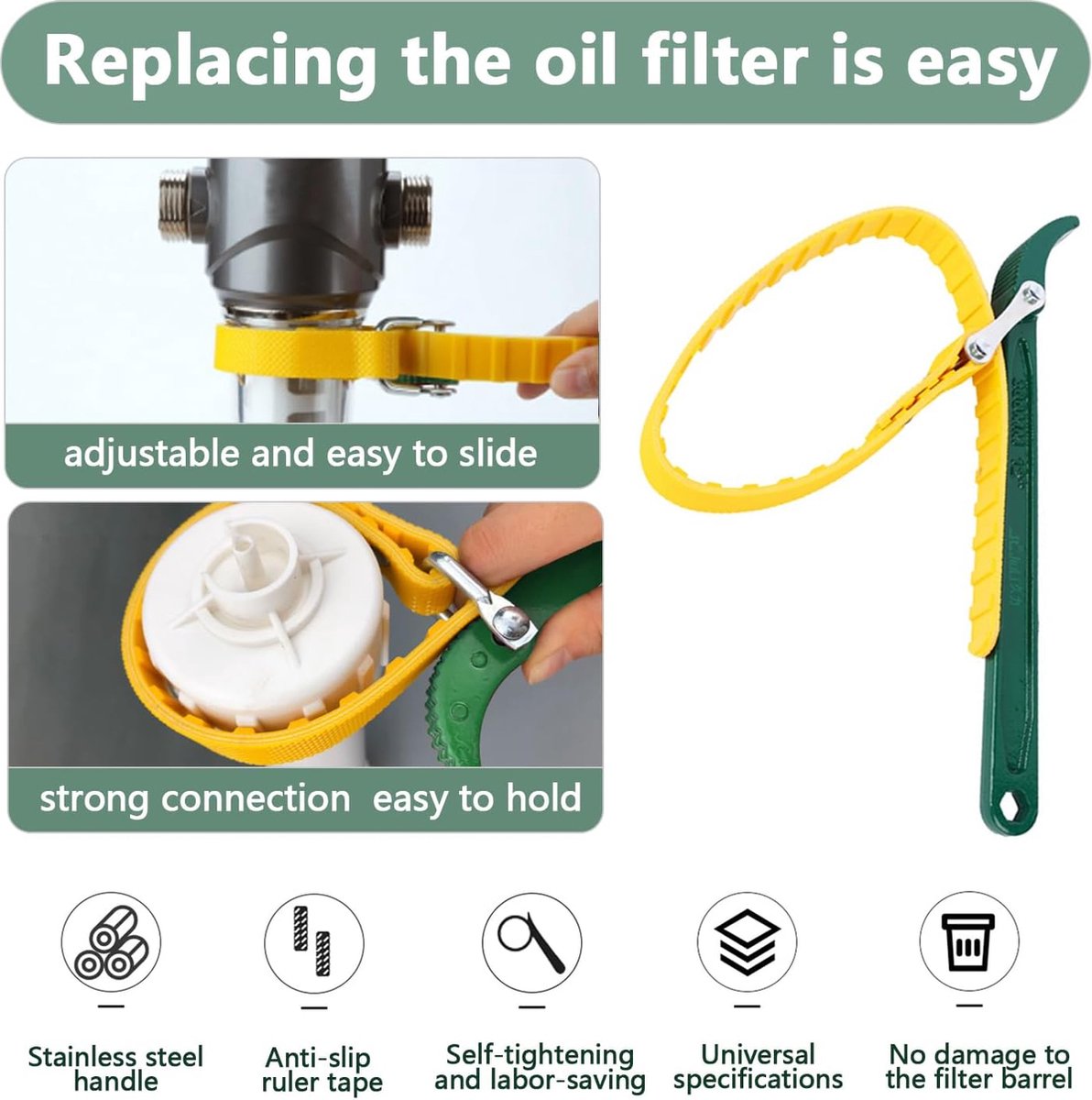 Strap Wrench - Oil Filter Wrench - Filter Wrench - Swivel Tensioning Strap - Oil Filter Pliers with Strap - Anti-Slip Strap - Max Diameter 130 mm - Strap Wrench for Opening Oil Filters - Universal - Plastic / Rubber - For Optimal Grip - Green - Image 3