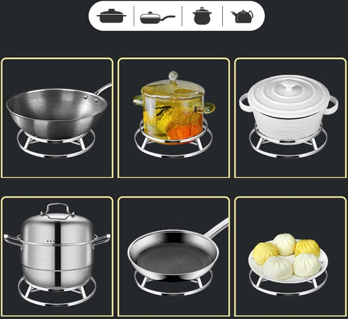Pan Rack - Pot Stand - Stainless Steel Grill Holder - Steam Grid - Cooking Stand - Pan Trimmer - Pot Trimmer - Scratch-Resistant - Heat Resistant - For Hot Dishes - Pan Accessories - Round - Stainless Steel - Image 3