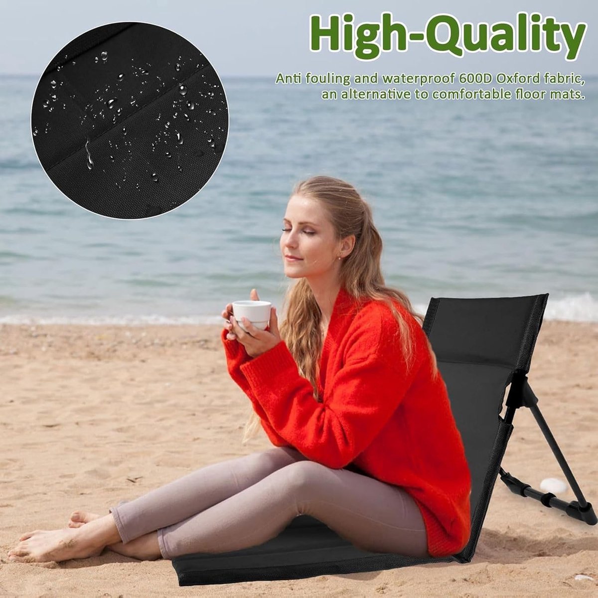 Beach Mat - Foldable Beach Chair - Camping Chair - Beach Mat with Backrest - Outdoor Camping Chair - Collapsible Beach Mat - Lightweight - Portable Sun Lounger - With Storage Bag - Soft Sponge Filling Cushion - Black - Image 2