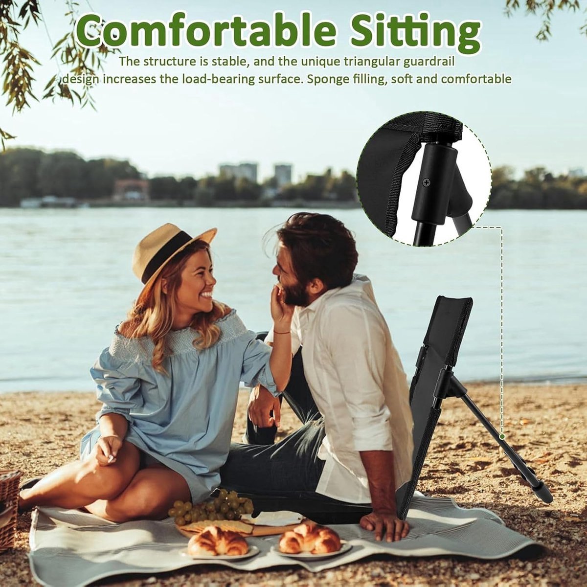 Beach Mat - Foldable Beach Chair - Camping Chair - Beach Mat with Backrest - Outdoor Camping Chair - Collapsible Beach Mat - Lightweight - Portable Sun Lounger - With Storage Bag - Soft Sponge Filling Cushion - Black - Image 3