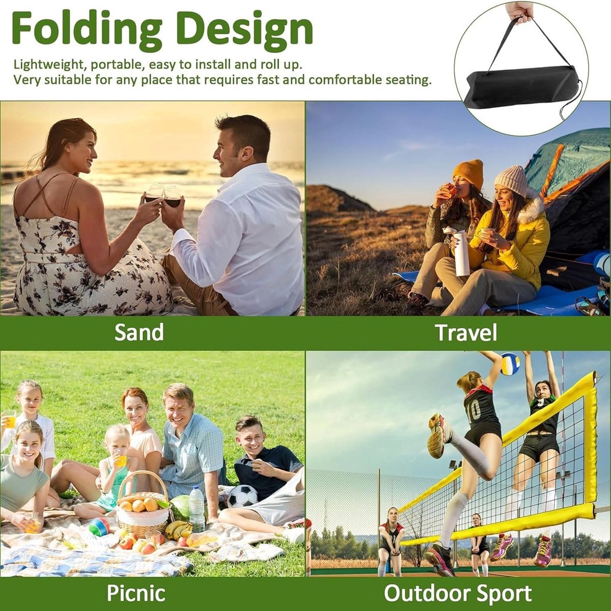 Beach Mat - Foldable Beach Chair - Camping Chair - Beach Mat with Backrest - Outdoor Camping Chair - Collapsible Beach Mat - Lightweight - Portable Sun Lounger - With Storage Bag - Soft Sponge Filling Cushion - Black - Image 4