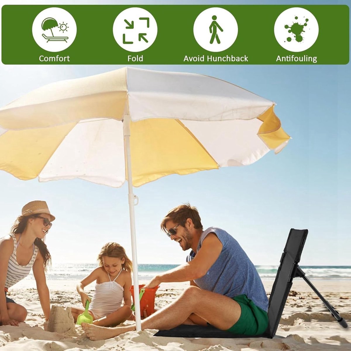 Beach Mat - Foldable Beach Chair - Camping Chair - Beach Mat with Backrest - Outdoor Camping Chair - Collapsible Beach Mat - Lightweight - Portable Sun Lounger - With Storage Bag - Soft Sponge Filling Cushion - Black - Image 5