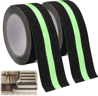 Anti-slip Adhesive Tape - 2 Rolls - Anti-slip Grip Tape - Safety Tape - Stair Tape - Anti-slip Adhesive Tape - Strips with Self-Adhesive - For Stairs Stairs Stairs Decking Indoors and Outdoors - Glows in the Dark - Black - 5 Cm X 5 M