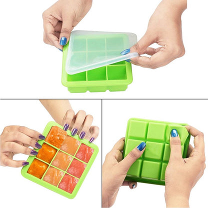 2x Ice Cube Tray With Lid - Silicone Ice Cube Tray - BPA Free - 2 x 9 Cells - 3.5cm Ice Cubes - Dishwasher Safe - Ice Cube Tray - Ice Cube Tray - Square - Green - Reusable - Easy to Push Out - Image 3