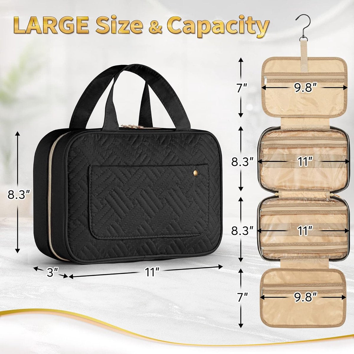Toilet Bag With Hook - Hanging Toilet Bag - Women and Men - Waterproof - Makeup Bag - Women's Beauty Case - Toilet Bag - Toilet Sack - Outdoor Travel Toilet Bag - Travel Organizer Men & Women, Girls and Children - Black - Practical & Portable - Image 3