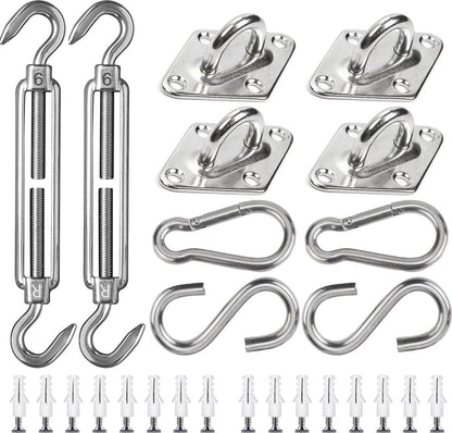 Shade Cloth Mounting Set - 42-Piece - Stainless Steel - Hardware Kit for Sun Sail - For Rectangular / Square Sun Shade Sails - Hammock Mounting Set - Shade Cloth Mounting Material