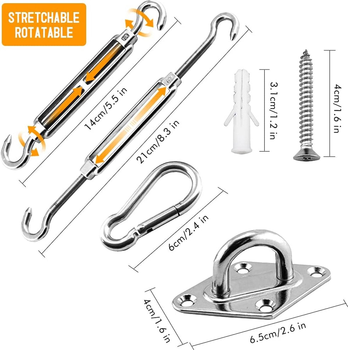 Shade Cloth Mounting Set - 42-Piece - Stainless Steel - Hardware Kit for Sun Sail - For Rectangular / Square Sun Shade Sails - Hammock Mounting Set - Shade Cloth Mounting Material - Image 5