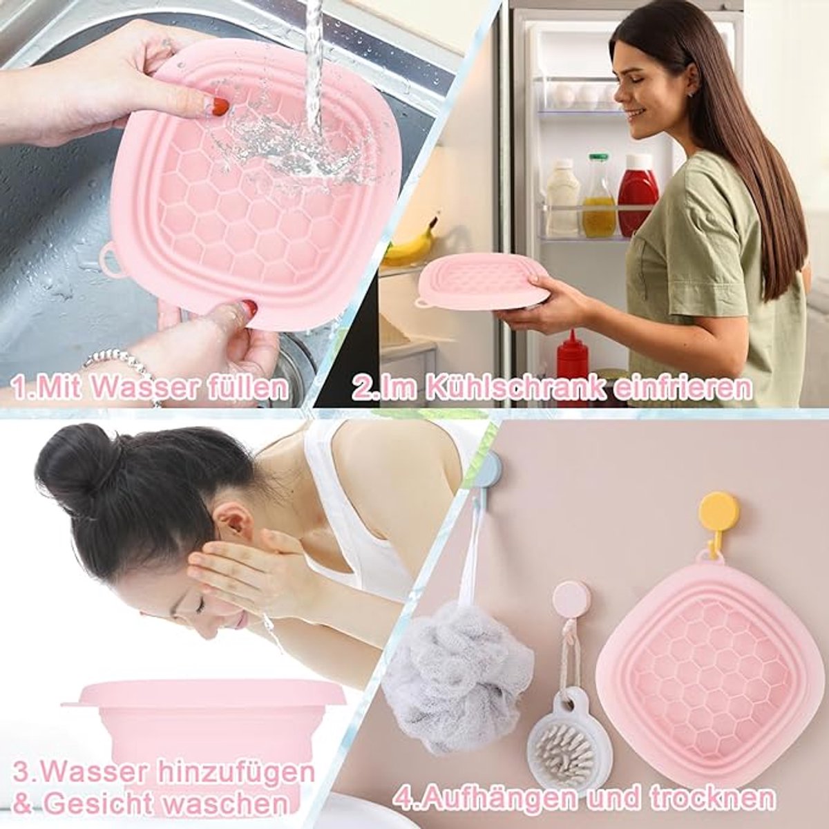Cooling basin - Facial ice bath - Silicone facial cooling basin - Foldable silicone basin - Built-in ice tray - Portable basin - Cools the face - unclogs and soothes the skin (pink) - Image 3