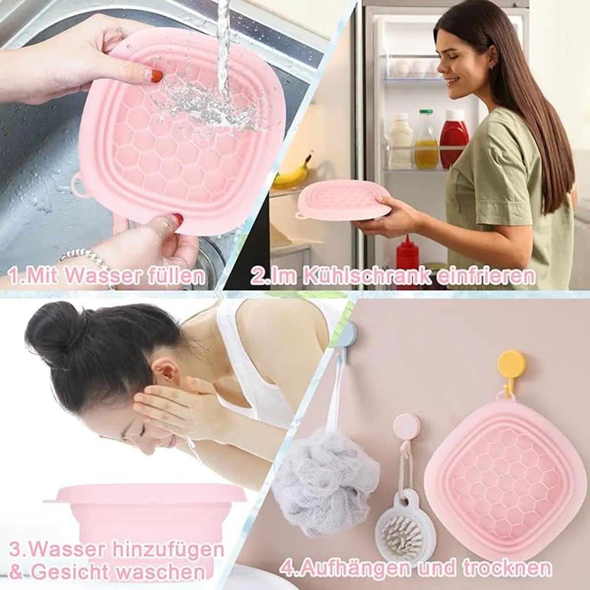 Cooling basin - Facial ice bath - Silicone facial cooling basin - Foldable silicone basin - Built-in ice tray - Portable basin - Cools the face - unclogs and soothes the skin (pink) - Image 3