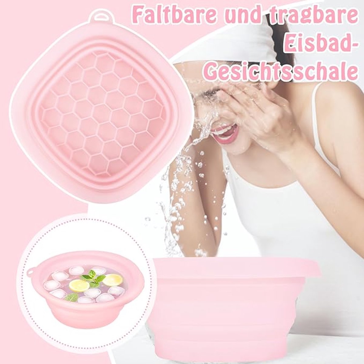 Cooling basin - Facial ice bath - Silicone facial cooling basin - Foldable silicone basin - Built-in ice tray - Portable basin - Cools the face - unclogs and soothes the skin (pink) - Image 5