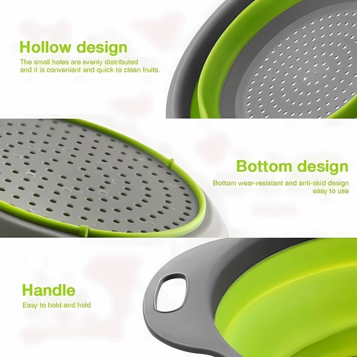 Foldable Colander Set of 2 Pieces - Collapsible Silicone Colander - 1 Large and 1 Small - BPA Free - Dishwasher Safe - Heat Resistant - Easy Storage - Can Be Hung - For Draining Pasta/Vegetables/Fruit - Green - Image 2