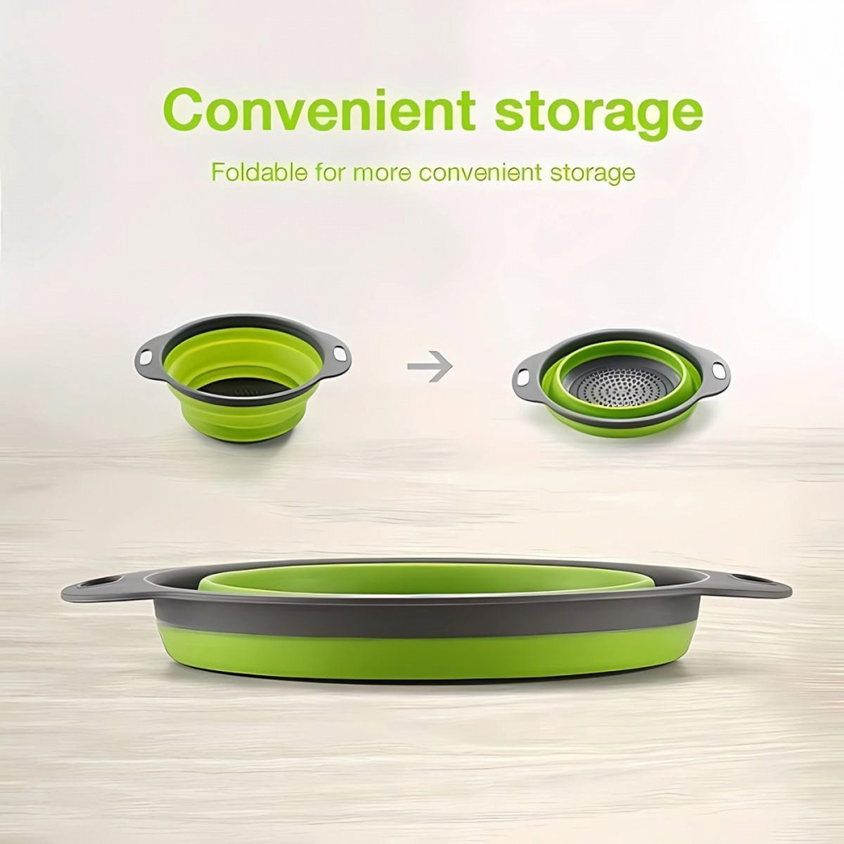Foldable Colander Set of 2 Pieces - Collapsible Silicone Colander - 1 Large and 1 Small - BPA Free - Dishwasher Safe - Heat Resistant - Easy Storage - Can Be Hung - For Draining Pasta/Vegetables/Fruit - Green - Image 4