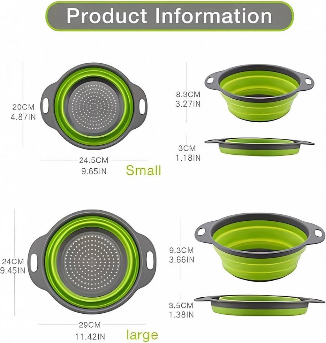 Foldable Colander Set of 2 Pieces - Collapsible Silicone Colander - 1 Large and 1 Small - BPA Free - Dishwasher Safe - Heat Resistant - Easy Storage - Can Be Hung - For Draining Pasta/Vegetables/Fruit - Green - Image 5