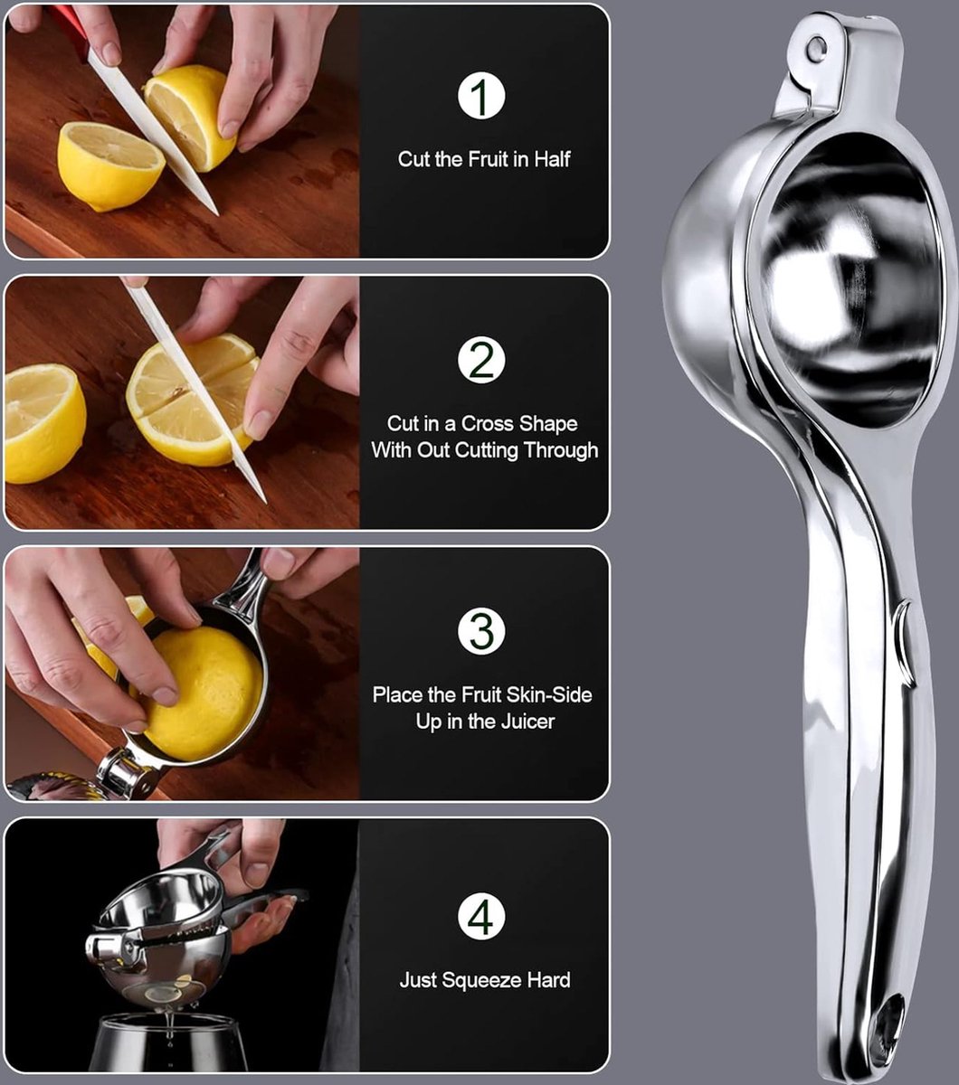 Lemon Press - Lime Press - Manual Lemon Press - Hand Citrus Press - Lemon Squeezer - Citrus Squeezer - Hand Press - Fruit Press - Orange Press - Orange Juicer - Metal - For Lemons, Limes and Oranges - Effortless Juice Making - Silver - Image 4