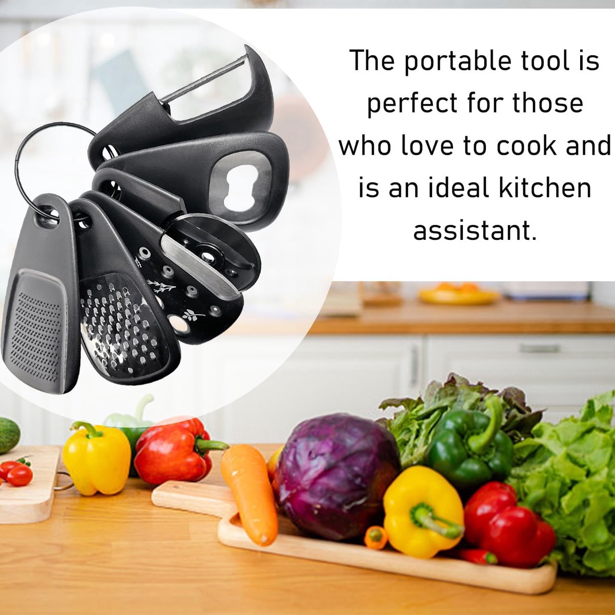 6-piece - kitchen tool set - Multifunctional kitchen tool - portable carabiner - fruit and vegetable peeler - cheese cutter - bottle opener - garlic press - ginger grinder - pizza cutter - cookware - cooking - baking - Image 4
