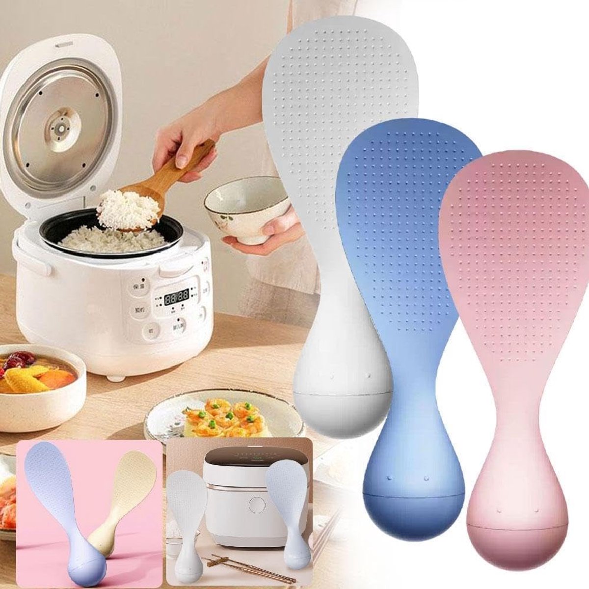 Rice Spoon - High Quality Serving Spoon - Drop-Proof Rice Spoon - Creative - Professional Rice Spoon - Non-Stick - Heat Resistant Kitchen Rice Spoon - Non-Slip Design - Silicone - Easy to Clean - Upright - White - Image 3