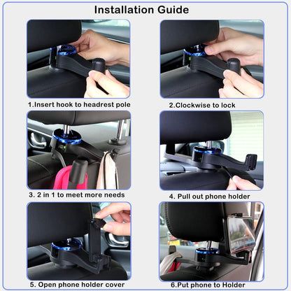 Car Seat Hooks - 2 Pieces - 2 In 1 Car Headrest Hooks - Multifunctional Car Seat Hook - 360° Rotation Front and Rear Seat Headrest Hook - Concealed Hook - Universal Car Hooks - Car Accessories - Black - Image 3
