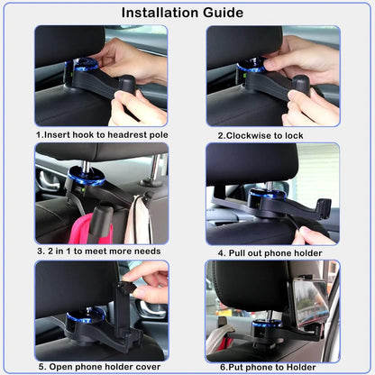 Car Seat Hooks - 2 Pieces - 2 In 1 Car Headrest Hooks - Multifunctional Car Seat Hook - 360° Rotation Front and Rear Seat Headrest Hook - Concealed Hook - Universal Car Hooks - Car Accessories - Black - Image 3
