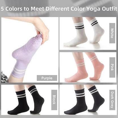 5 pairs - Socks - Women's high Pilates non-slip socks - Yoga Pilates Socks with Grip - Non-slip Cotton Socks - Yoga Socks - Non-slip ankle socks - for Ballet, Dance, Workouts - Black, White, Grey, Pink and Purple - Image 4