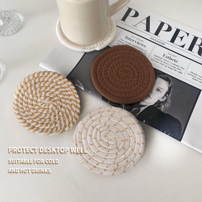 Set of 8 Round Coasters with Stand - Coaster Set - Thermal Insulation - Non-Slip Braided Cotton Coasters for Glasses - Coaster Set - Coasters with Holder - For Drinks, Bar, Cups, Table Coasters - D11 cm - Yellow - Image 2
