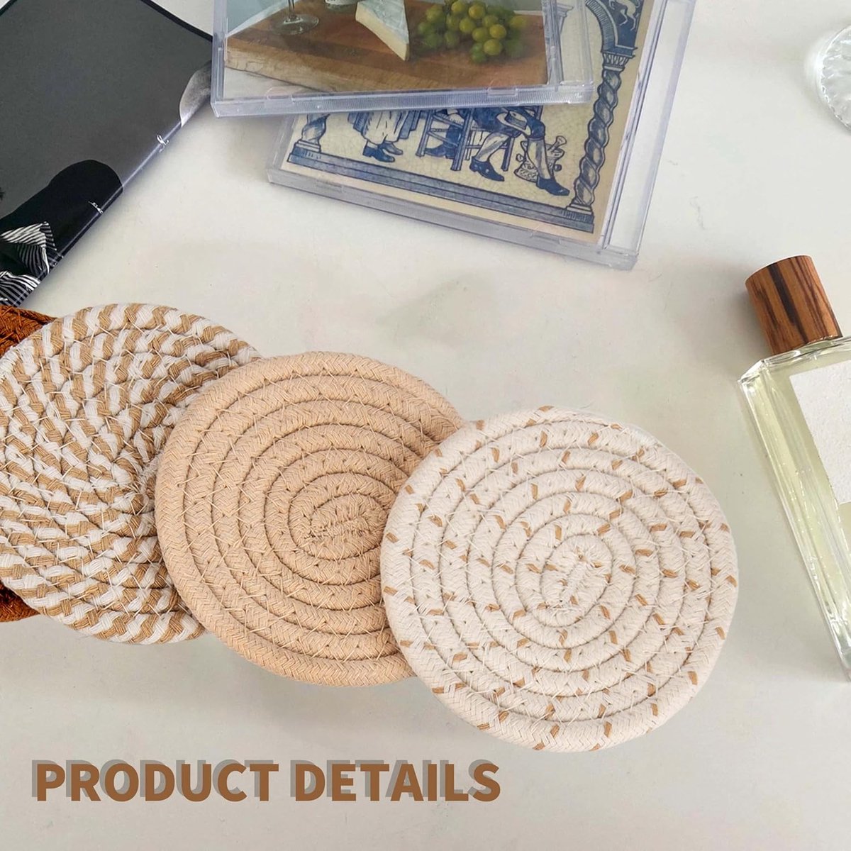 Set of 8 Round Coasters with Stand - Coaster Set - Thermal Insulation - Non-Slip Braided Cotton Coasters for Glasses - Coaster Set - Coasters with Holder - For Drinks, Bar, Cups, Table Coasters - D11 cm - Yellow - Image 3
