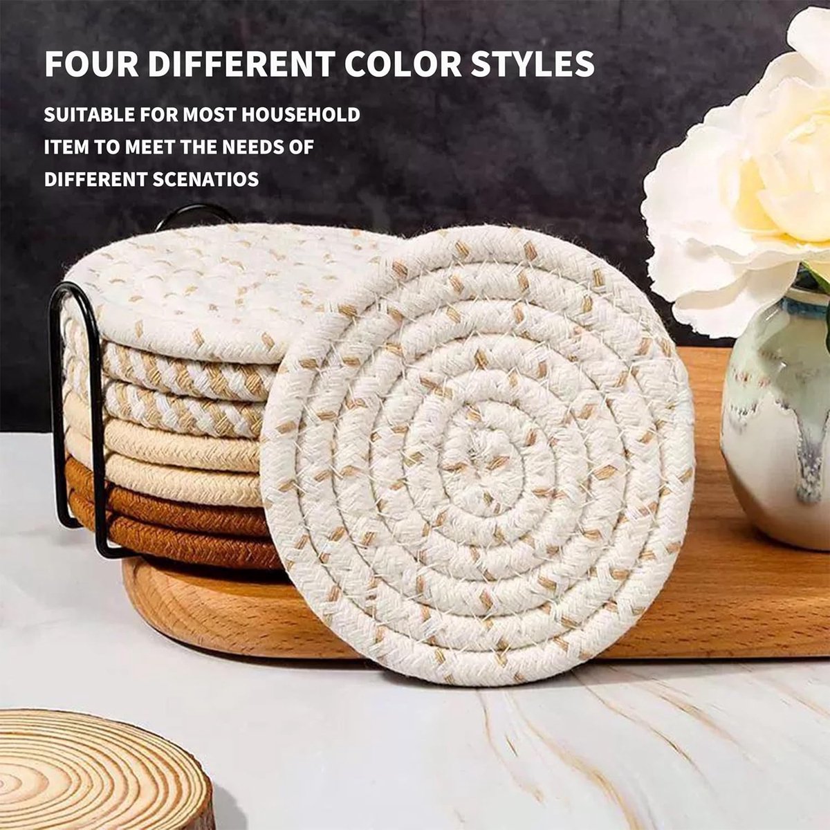 Set of 8 Round Coasters with Stand - Coaster Set - Thermal Insulation - Non-Slip Braided Cotton Coasters for Glasses - Coaster Set - Coasters with Holder - For Drinks, Bar, Cups, Table Coasters - D11 cm - Yellow - Image 4