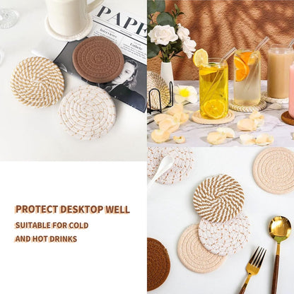 Set of 8 Round Coasters with Stand - Coaster Set - Thermal Insulation - Non-Slip Braided Cotton Coasters for Glasses - Coaster Set - Coasters with Holder - For Drinks, Bar, Cups, Table Coasters - D11 cm - Yellow - Image 5