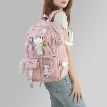 Waterproof backpack for girls - Girl's Backpack With Pin and Accessories - boys' backpack - women's backpack - Lightweight School Bag - School Student School Bag - Large Capacity Backpacks - Teenagers - High School Backpacks - Pink - Image 2