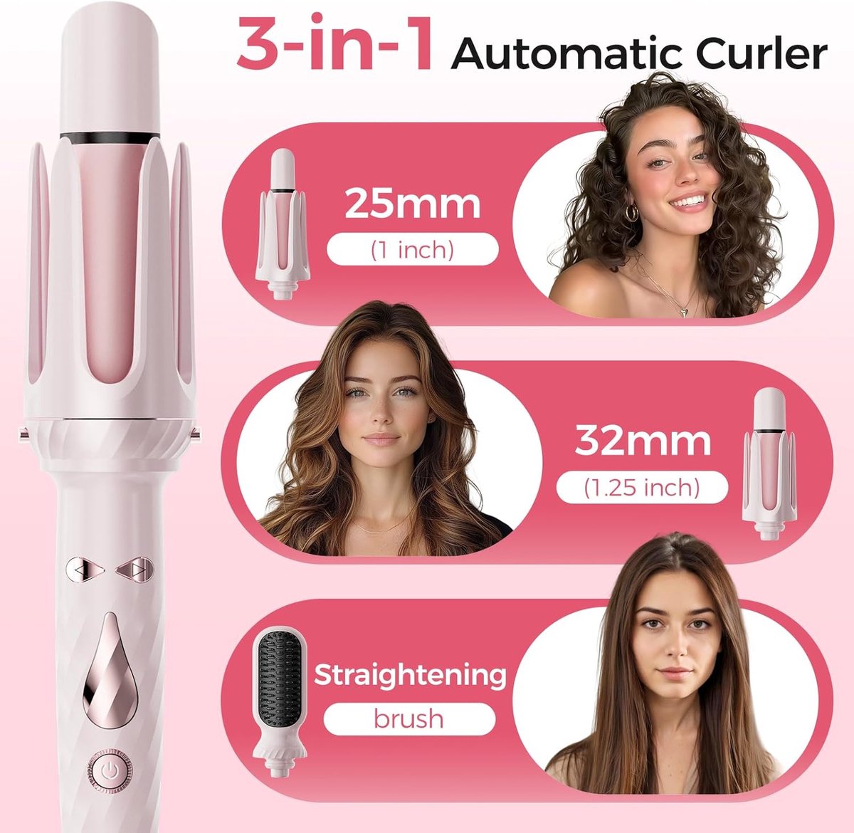 3 in 1 Curling Iron - Automatic Curling Iron - Straightener - Hair Curler - Straightening Brush - 25mm and 32mm - French Wave Curling Iron - Heated Brush - Portable Rotary Curling Iron - Heat and Travel Protection - Curling Irons - Thermal Brush - 3 in 1  - Image 3