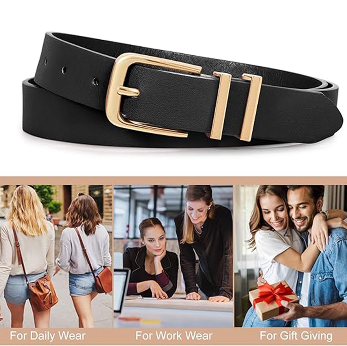 3-Piece Belt - Women's Belt - Stylish Retro - Trouser Belt - Women - Adjustable Unisex Belt - 110cm - Leather - Women's Belts for Jeans Dresses Trousers Women's Leather Waist Belt with Gold Buckle - 110 CM - Image 2