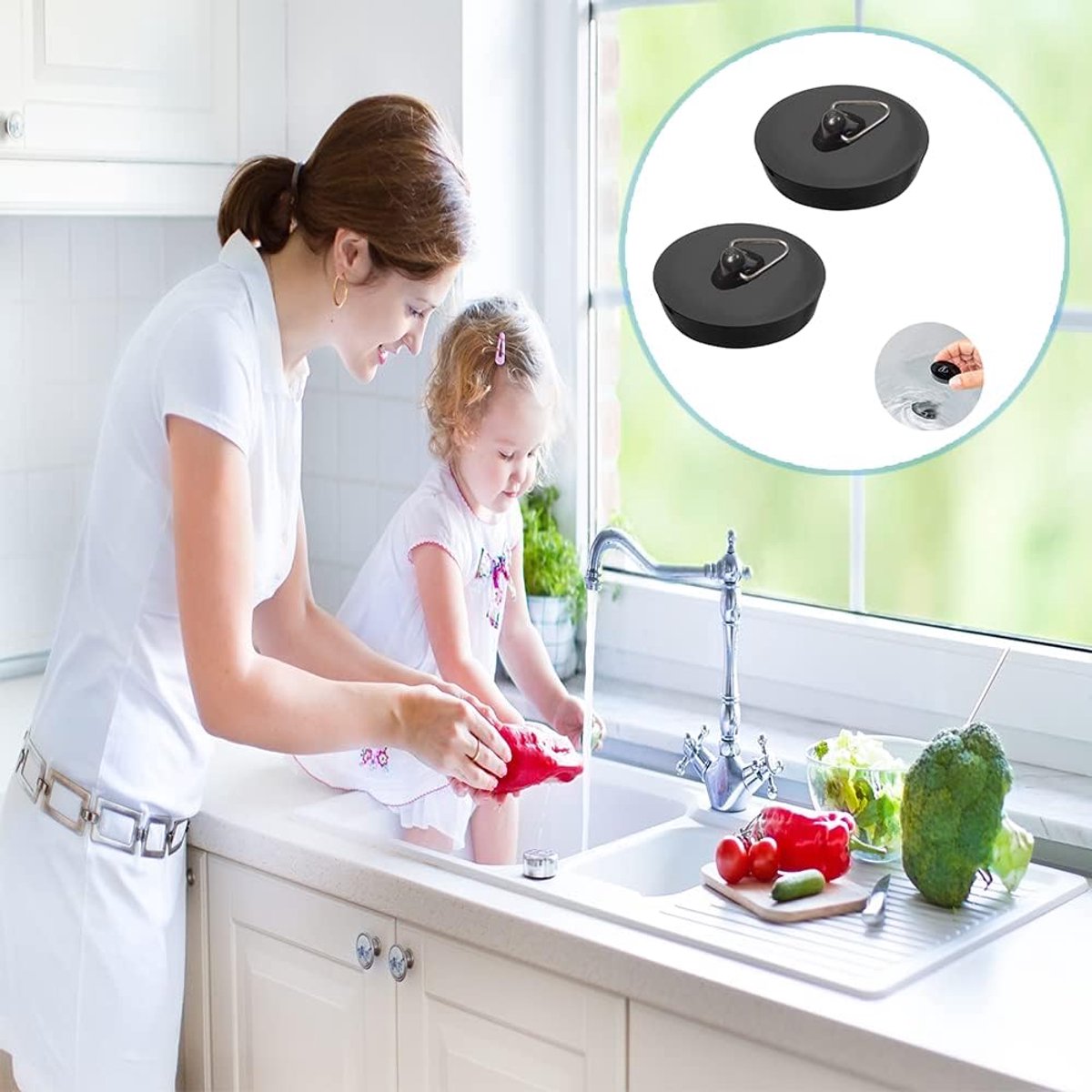 Universal Bath Stopper 2 Pieces - Sink Cap - Drain Stopper - Sink Plug - Plug Stopper - Universal Sink Stopper - Rubber Sink Plug with Hanging Ring - for Drain Ø 44 to 42 mm - Universal Plugs - For Bathtub, Kitchen, Bathroom - Black - Image 3