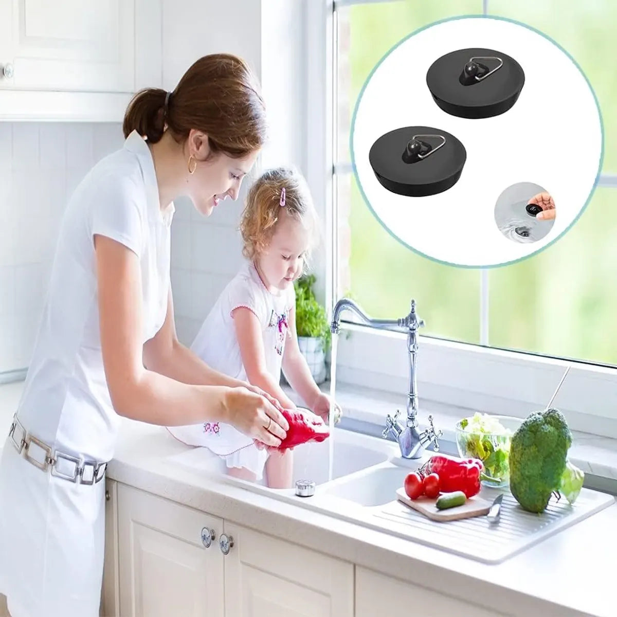 Universal Bath Stopper 2 Pieces - Sink Cap - Drain Stopper - Sink Plug - Plug Stopper - Universal Sink Stopper - Rubber Sink Plug with Hanging Ring - for Drain Ø 44 to 42 mm - Universal Plugs - For Bathtub, Kitchen, Bathroom - Black - Image 3