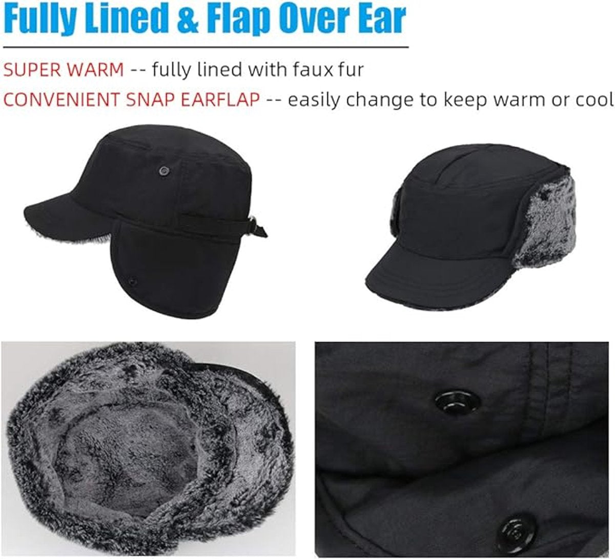 Beanie - Winter hat - Men's winter hat - Winter ear flap hat - with visor - with ear flaps - Ski hat - Cold weather - Trapper hat - Ear warmers Water-repellent outdoor hat - Winter - for outdoor sports, skiing, cycling, hiking, running - black - Image 4