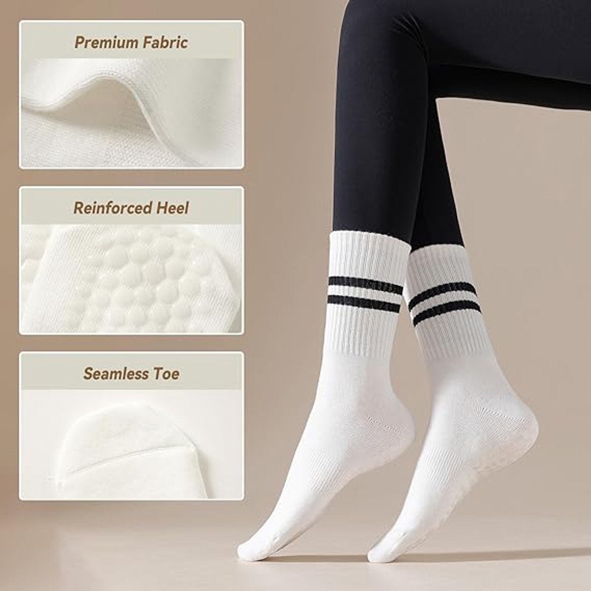 pairs - Socks - Women's high Pilates non-slip socks - Yoga Pilates Socks with Grip - Non-slip Cotton Socks - Yoga Socks - Non-slip ankle socks - for Ballet, Dance, Workouts - White - Image 2