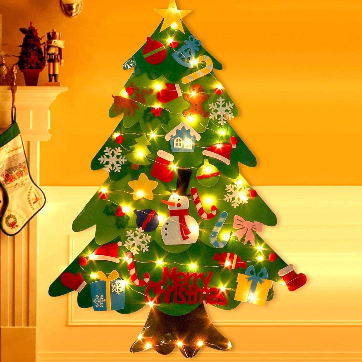 Felt Christmas tree - Christmas tree with lights - Felt Christmas tree for children incl. 32 ornaments - children's gift with string lights - Safe Felt DIY Tree - children's Christmas DIY wall hanging - Christmas Decoration Set - Christmas tree project -  - Image 4