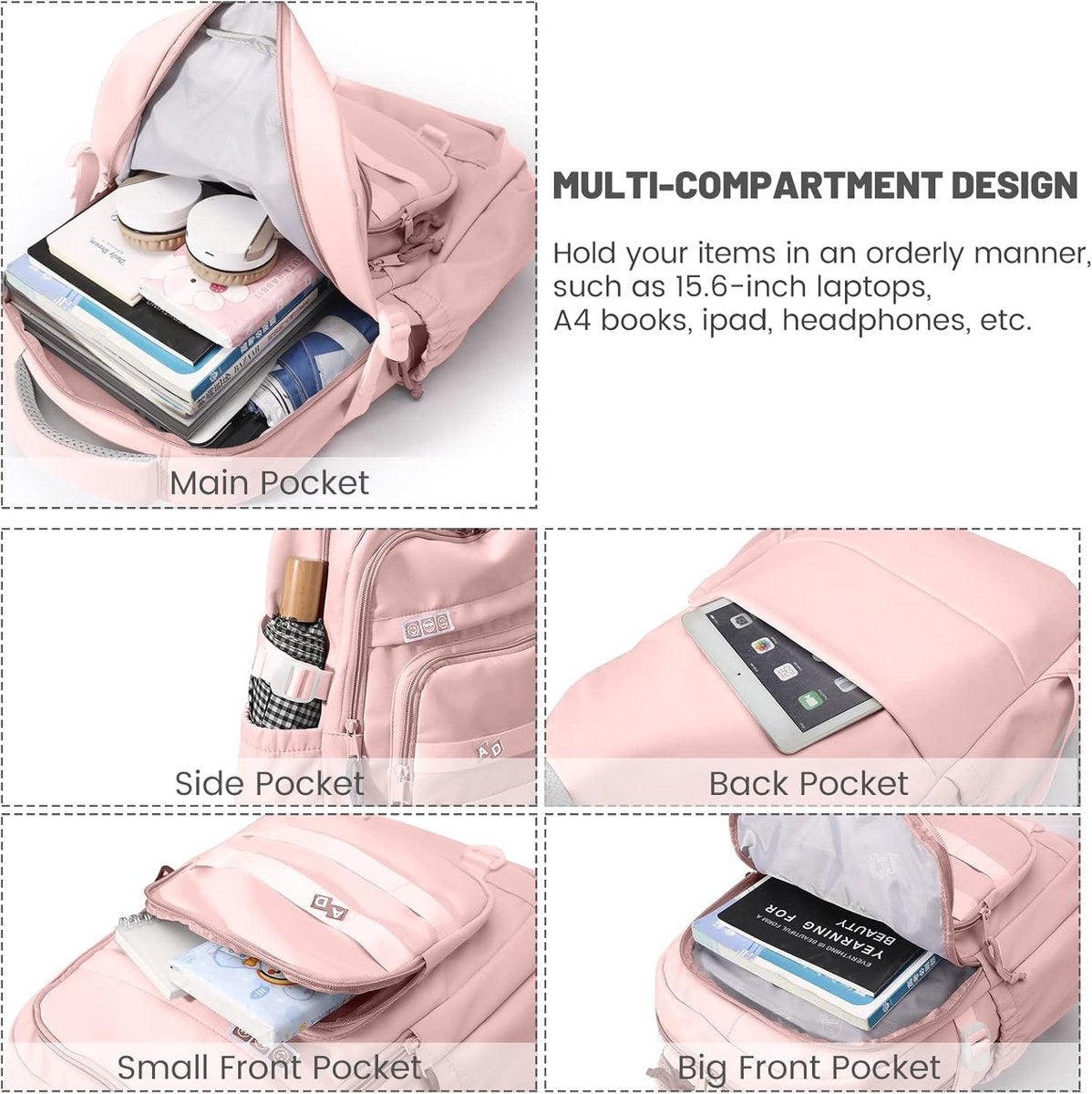 Waterproof backpack for girls - Girl Backpack - School backpack - lightweight school bag - School bag - Girls School Student School Bag - Large capacity backpacks for Girls and Boys - Teenagers - High School backpacks - Pink - Image 2