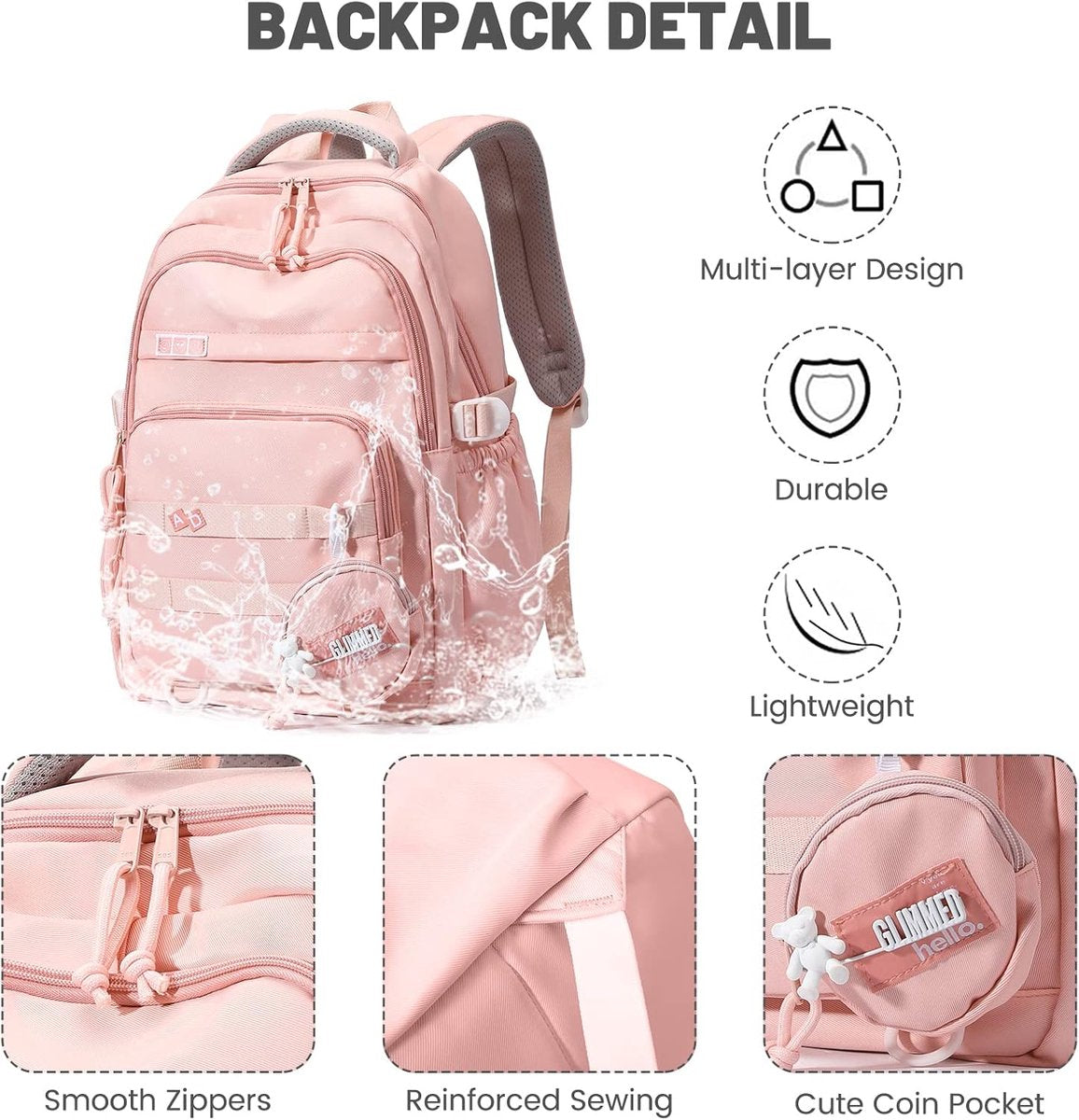Waterproof backpack for girls - Girl Backpack - School backpack - lightweight school bag - School bag - Girls School Student School Bag - Large capacity backpacks for Girls and Boys - Teenagers - High School backpacks - Pink - Image 3