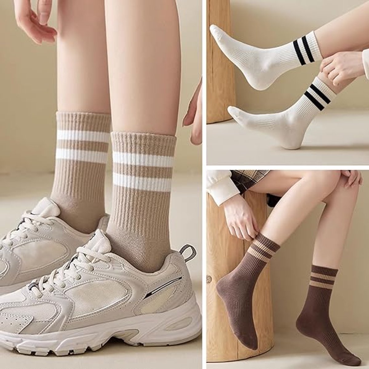 6 pairs - Socks - Cotton Socks - Autumn and winter socks - Comfortable and durable socks - striped socks for women - comfortable cotton leisure socks for women - cute socks - black, grey, white, coffee, khaki, light brown - Image 2