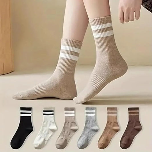 6 pairs - Socks - Cotton Socks - Autumn and winter socks - Comfortable and durable socks - striped socks for women - comfortable cotton leisure socks for women - cute socks - black, grey, white, coffee, khaki, light brown - Image 3