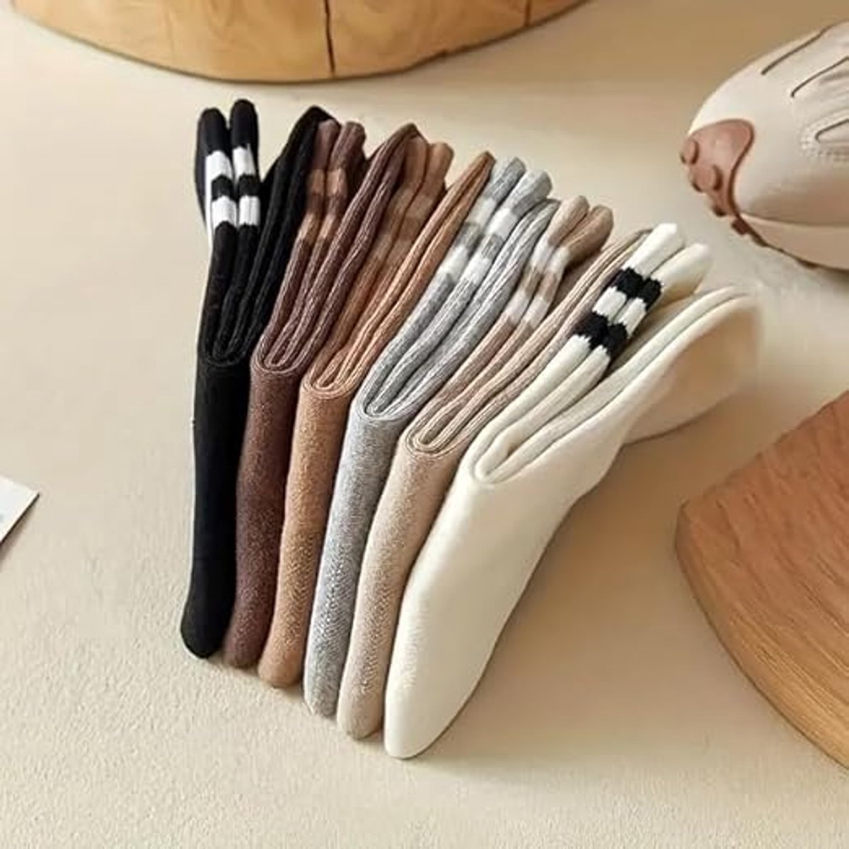 6 pairs - Socks - Cotton Socks - Autumn and winter socks - Comfortable and durable socks - striped socks for women - comfortable cotton leisure socks for women - cute socks - black, grey, white, coffee, khaki, light brown - Image 4