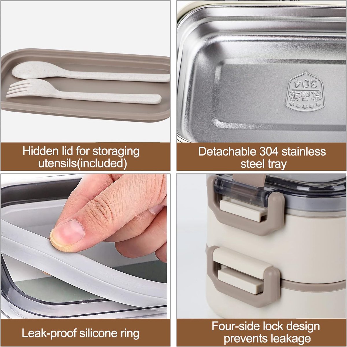 Lunch Box - Adult Lunch Box - Lunch Box - Stainless Steel Lunch Box - lunch boxes - Bento Box - Double-Layer Lunch Box - Stainless Steel Lunch Box for Children & Adults - Stainless Steel Lunch Box With Spoon and Fork - Leakproof Lunch Box - BPA-Free - Image 4