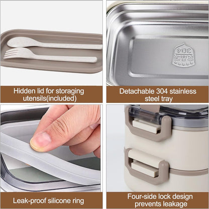 Lunch Box - Adult Lunch Box - Lunch Box - Stainless Steel Lunch Box - lunch boxes - Bento Box - Double-Layer Lunch Box - Stainless Steel Lunch Box for Children & Adults - Stainless Steel Lunch Box With Spoon and Fork - Leakproof Lunch Box - BPA-Free - Image 4