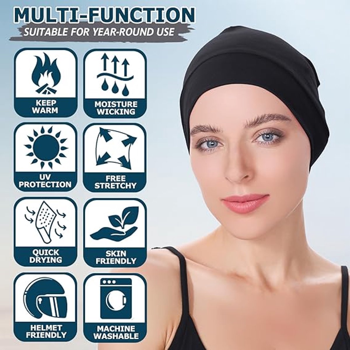 pieces - Beanie - Sleep cap - Running cap - Cycling cap - Helmet cap - for men and women - lightweight cotton thin skull cap - lightweight hat - for sports, chemo, sleeping, motorcycle helmet - hat circumference 54-58 cm - black - Image 4