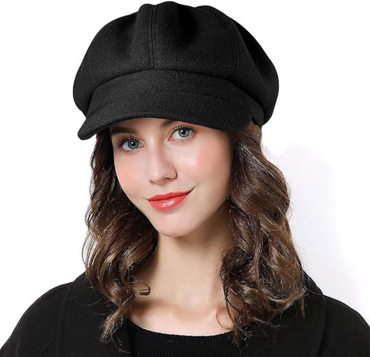 Ladies' Beret - Ladies' Hat - Warm Winter Beret - Ladies' Autumn and Winter Beret - Beret - Octagonal Cap - Soft Octagonal Beret - Adjustable Beret - Winter Hat with Visor - Winter - Fashion - Classic Autumn/Winter Style - Black