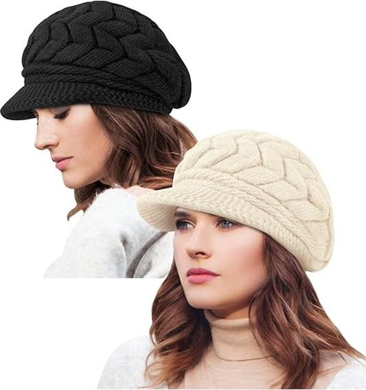 Ladies' Hat - Beanie Hat - Beret - Ladies' Beret - 2 Pieces - Knitted hat for ladies - Warm Winter Beret - Winter Hat - Warm Hats - Winter Hat with Brim - Winter - Fashion - Black/Beige