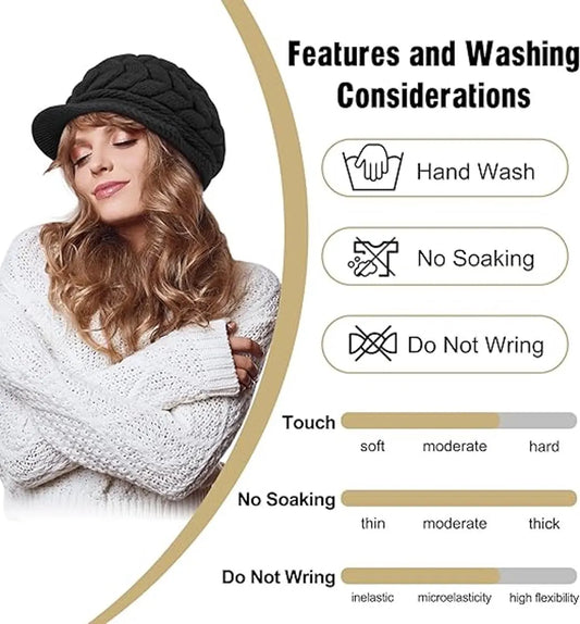 Ladies' Hat - Beanie Hat - Beret - Ladies' Beret - 2 Pieces - Knitted hat for ladies - Warm Winter Beret - Winter Hat - Warm Hats - Winter Hat with Brim - Winter - Fashion - Black/Beige - Image 2
