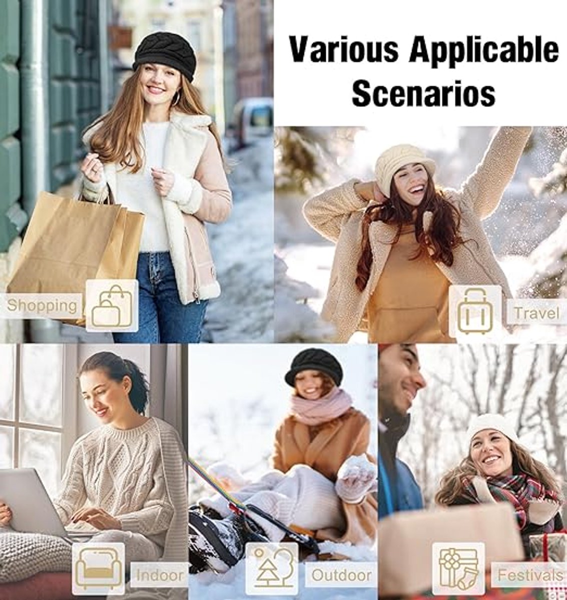 Ladies' Hat - Beanie Hat - Beret - Ladies' Beret - 2 Pieces - Knitted hat for ladies - Warm Winter Beret - Winter Hat - Warm Hats - Winter Hat with Brim - Winter - Fashion - Black/Beige - Image 3